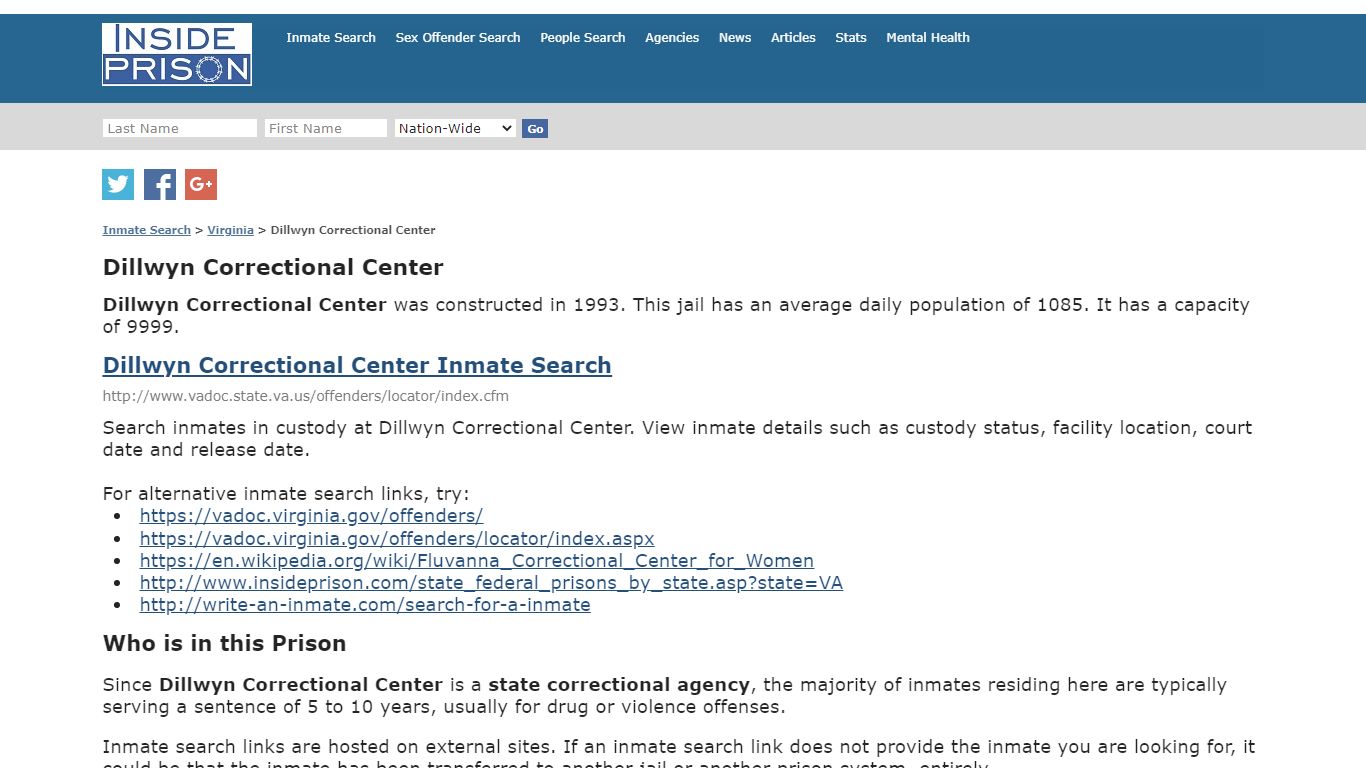 Dillwyn Correctional Center - Virginia - Inmate Search